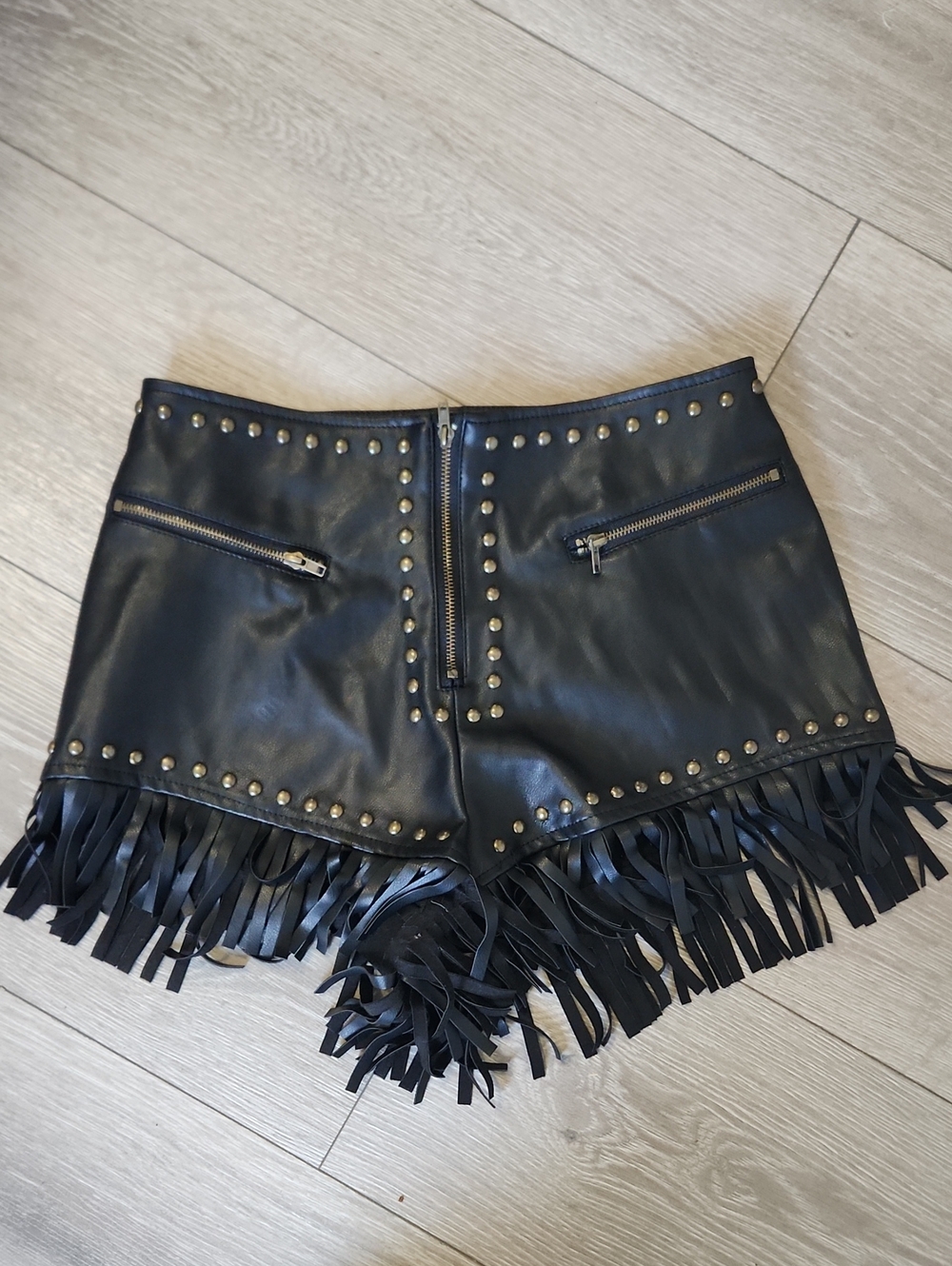 Western Festival Biker Black Faux Leather Studded Fringe Shorts S Y2k Edgy